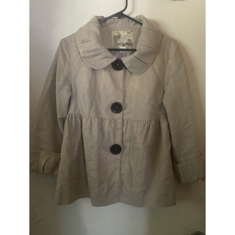 Kensie Women's Beige Solid Collared Button Front Short Jacket Long Sleeve